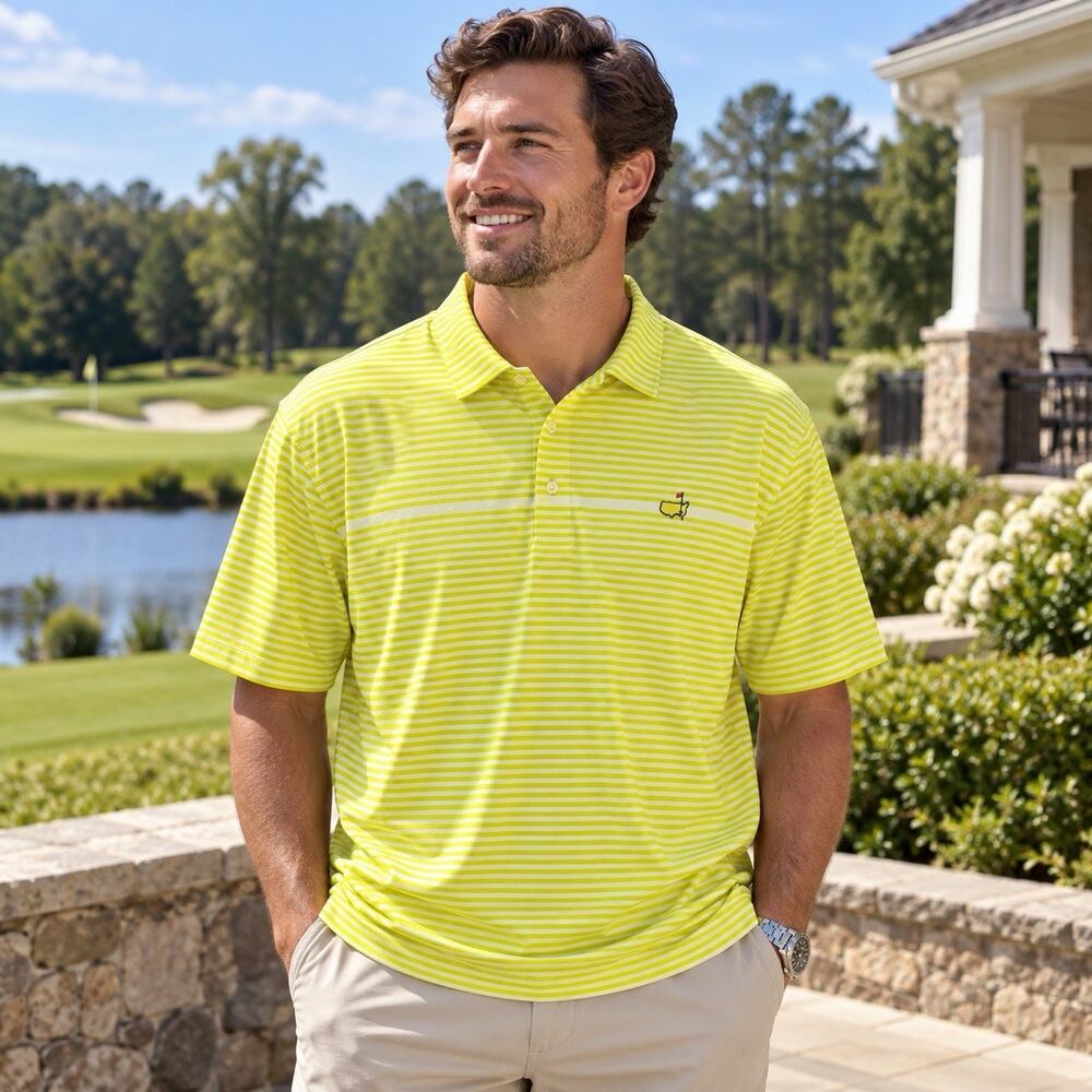 Masters Tech Golf Polo Men’s XL Yellow White Stripe Augusta National Performance